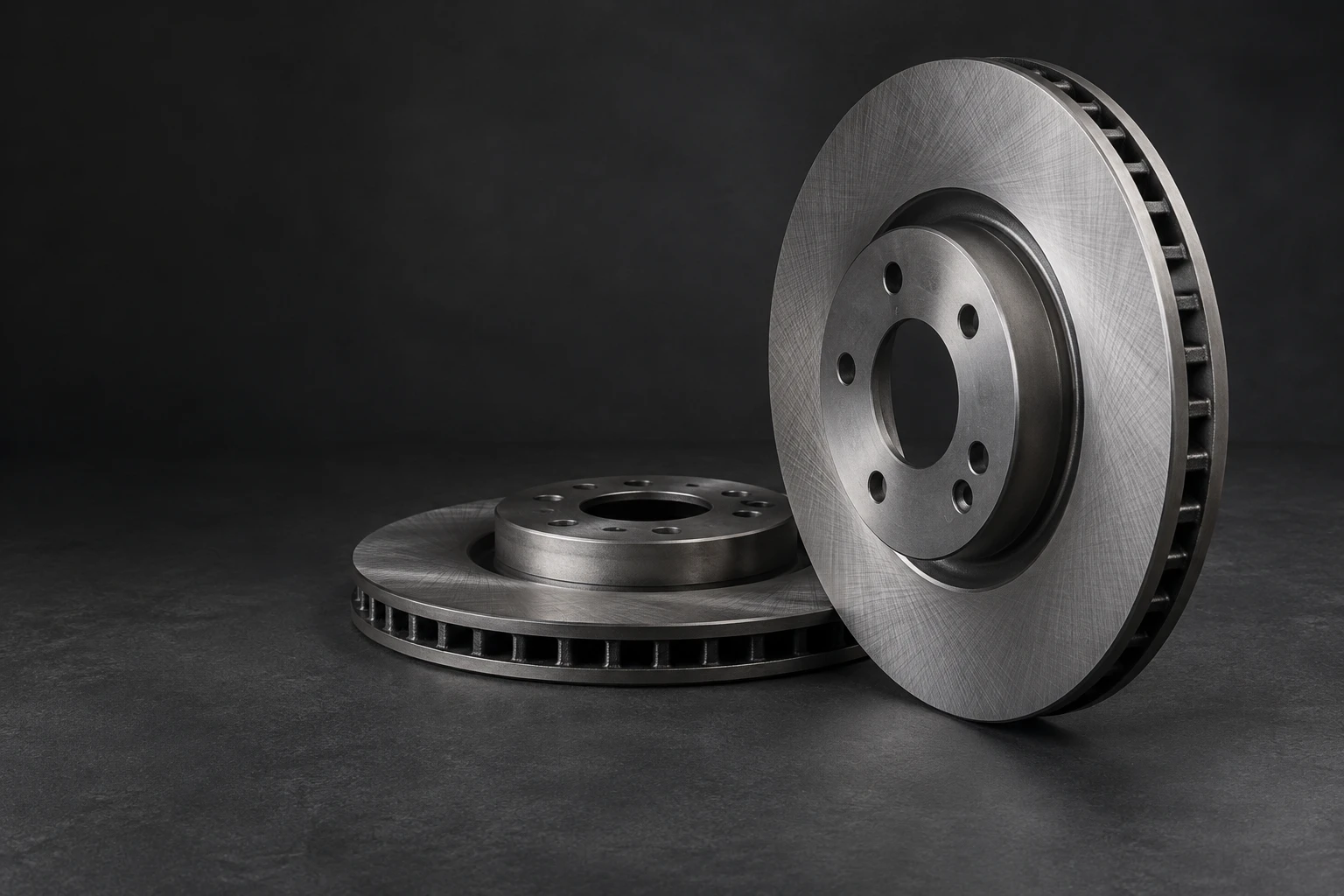 Precision machined brake rotors in a dark studio