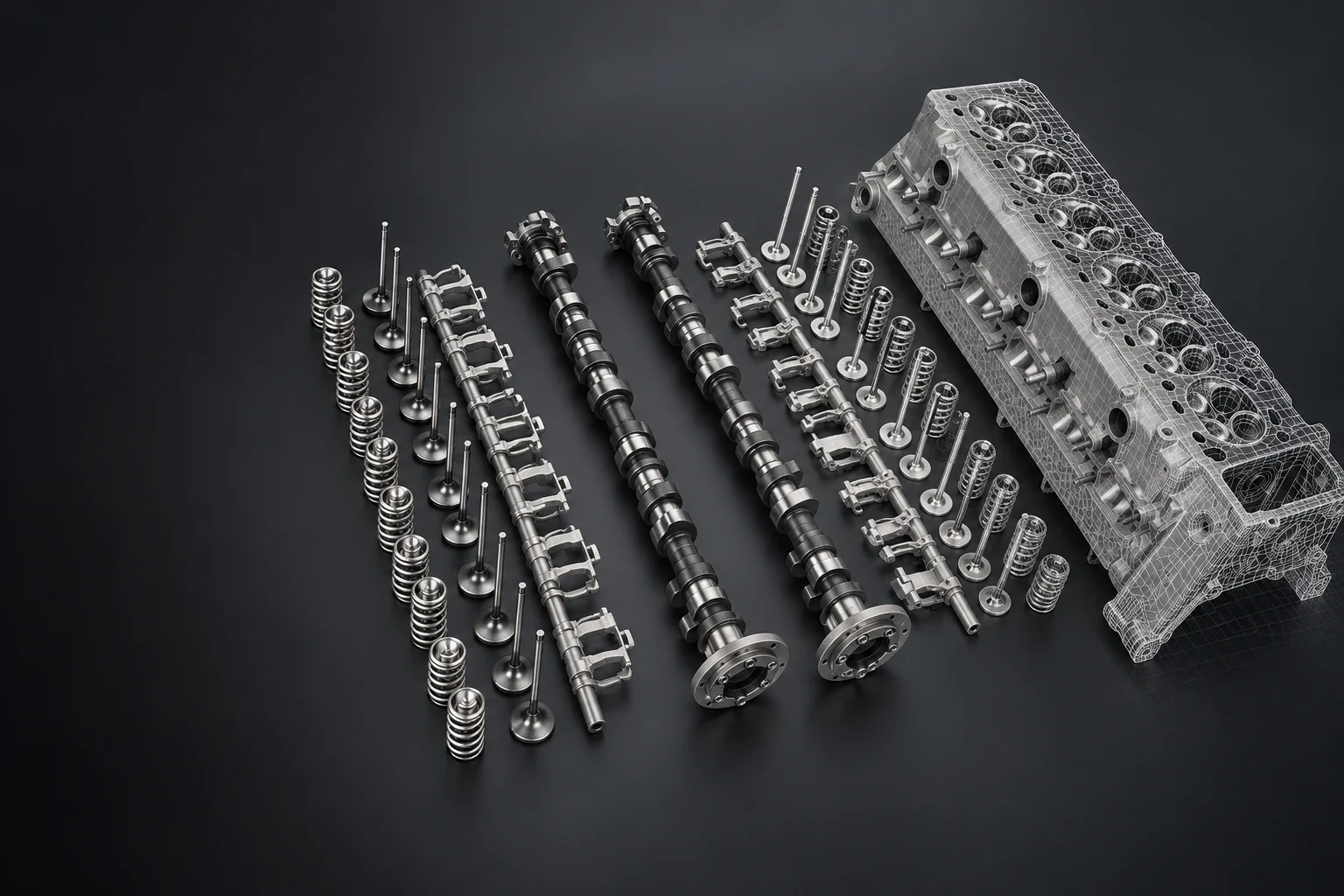Disassembled cylinder head, camshafts and valves transitioning from a digitised silver surface into a wireframe
