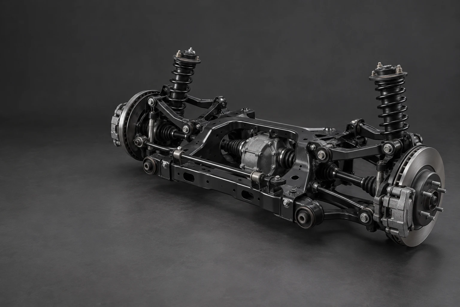 Suspension and subframe assembly with detailed mechanical components