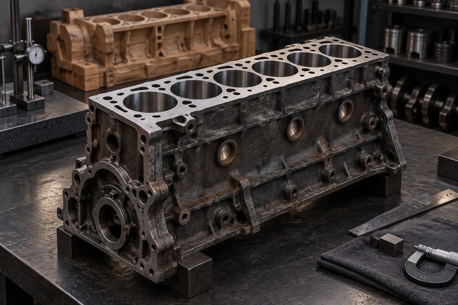 Illustrative vintage engine block restoration scene