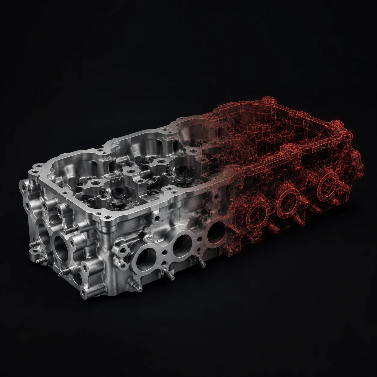Conceptual automotive component scan with a detailed wireframe surface