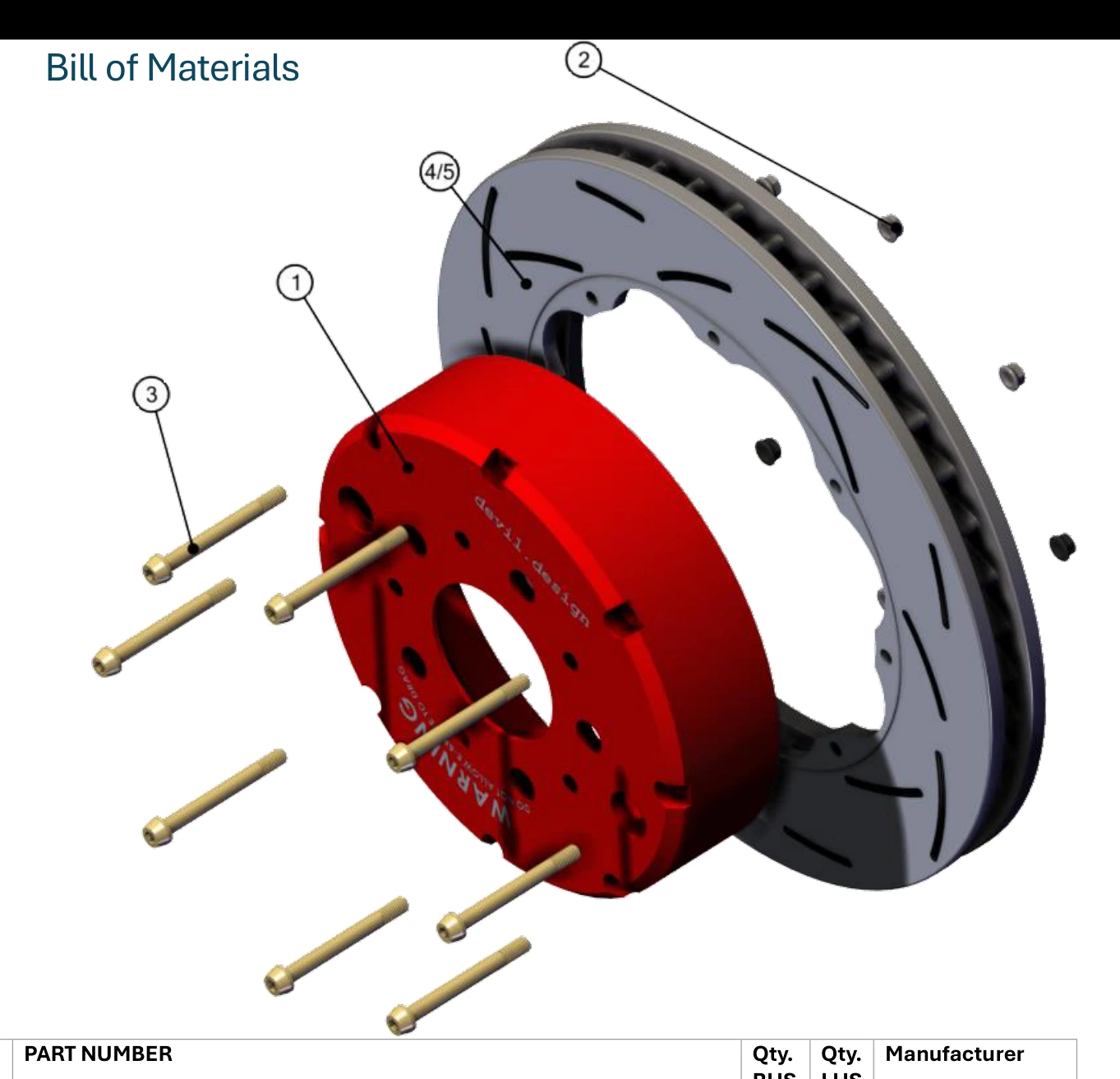 Exploded two-piece brake rotor assembly from the devil.design installation manual