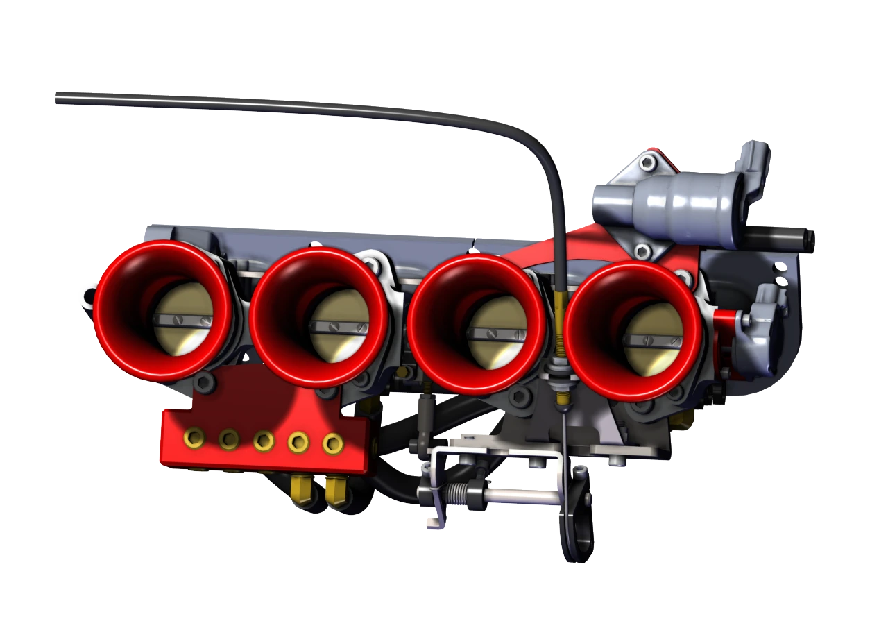 PAPIK Mazda modular induction kit CAD render with four red intake trumpets